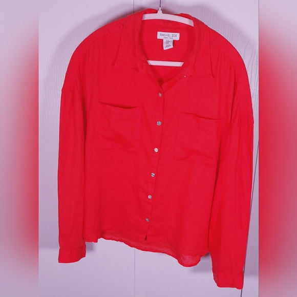 Rachel Zoe 100% Linen Button Front Size Medium Long Sleeve Red Orange Boho Basic - Picture 1 of 13